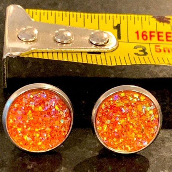 Orange Crushed Crystal Prism Studs, Faux Druzy Quartz Sparkly Glitter Earrings - Picture 10 of 11
